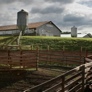 Scenic view of a rural farm with barns, silos, and wooden fences under a cloudy sky.